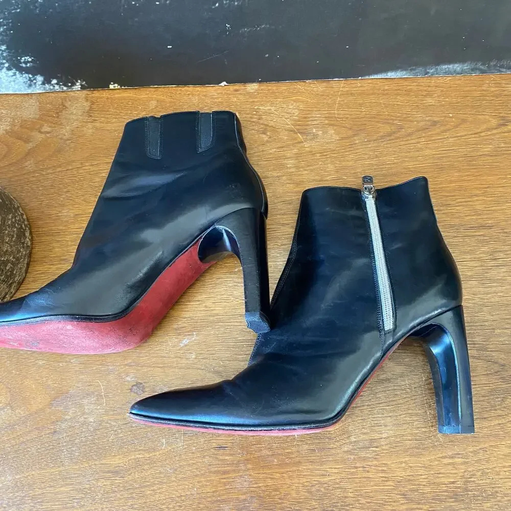 Donald Pliner 8.5M Red Bottom Stiletto Zipper Boots Black Red Leather Square Toe - Picture 4 of 11